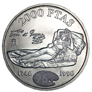 фото Испания 2000 песет 1996 Серебро UNC 250 лет со дня рождения Франсиско Гойя (Ag 925, 18 грамм)