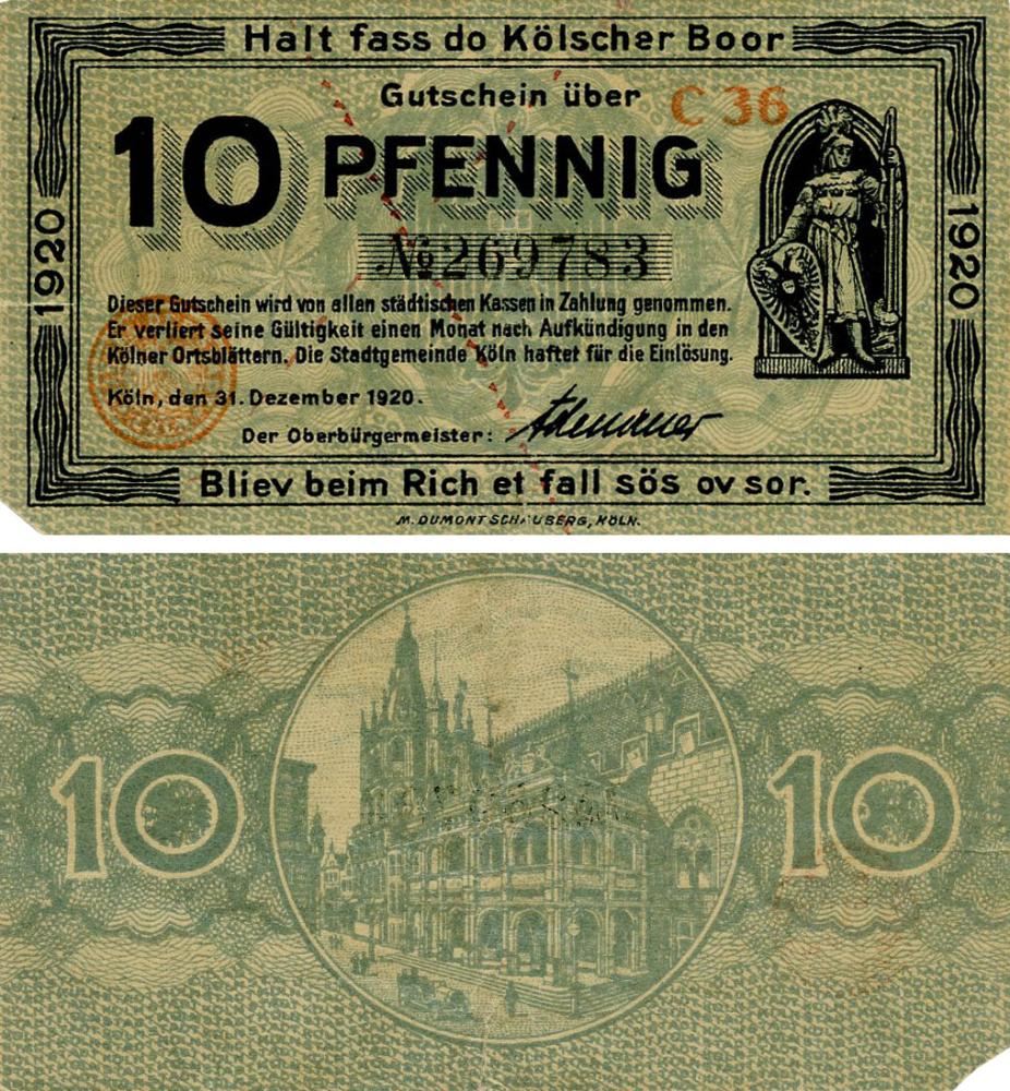 【稀少】Dot Dot Dot 10 / 2005 Німеччина Нотгельд 10 пфенігів 1920 F-VF Кельн ( C) Різновид 1