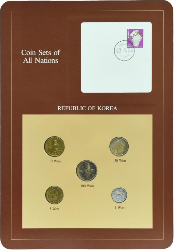 фото Южная Корея Набор монет 1971-1983 UNC 1, 5, 10, 50, 100 вон и 1 марка в сувенирной упаковке