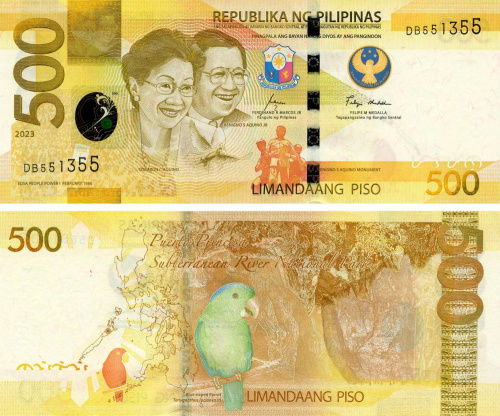 фото Филиппины 500 песо 2023 UNC Птица - Попугай (P234)