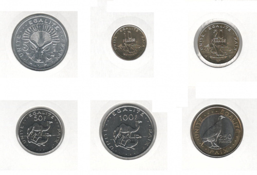 фото Джибути набор из 6 монет 1991-2013 UNC 5, 10, 20, 50, 100, 250 франков