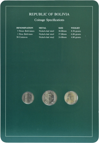 фото Боливия Набор из 3 монет 1978 UNC 50 сентаво, 1, 5 песо и 1 марка в сувенирной упаковке