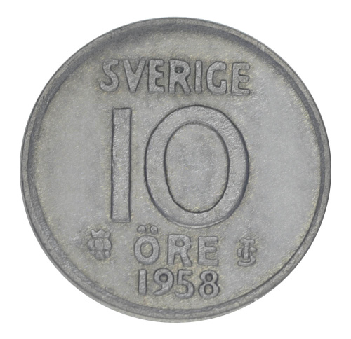 фото Швеция 10 эре 1958 Серебро F-VF (Ag 400, 1,45 грамм)