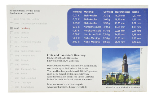 фото Германия набор из 9 монет евро 2008 UNC G 1, 2, 5, 10, 20, 50 евроцентов, 1, 2 евро, памятная 2 евро Блистер