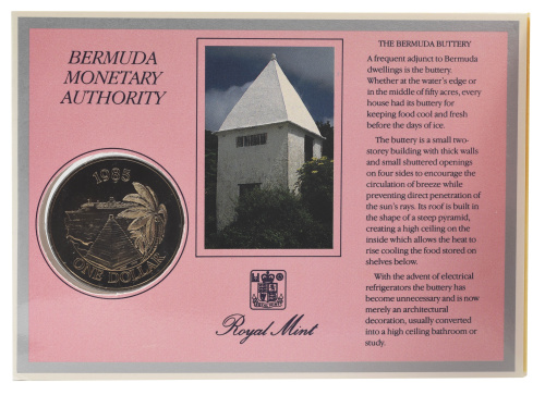 фото Бермуды 1 доллар 1985 UNC Корабль - Круизный туризм в сувенриной упаковке