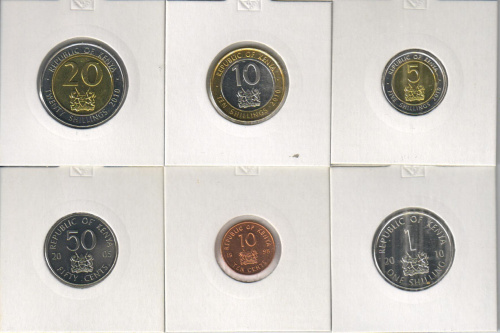 фото Кения набор из 6 монет 1995-2010 UNC 10, 50 центов, 1, 5, 10, 20 шиллингов