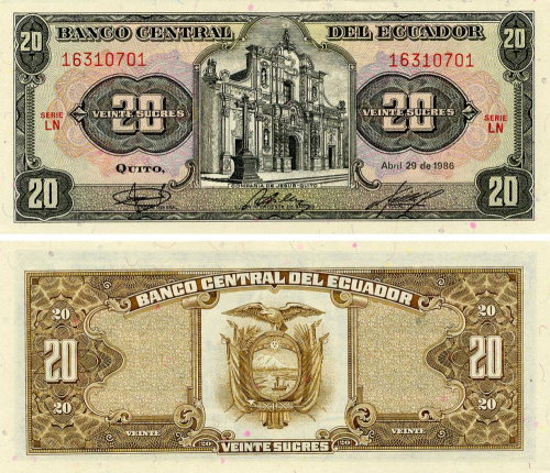 фото Эквадор 20 сукре 1986 UNC (P115b)