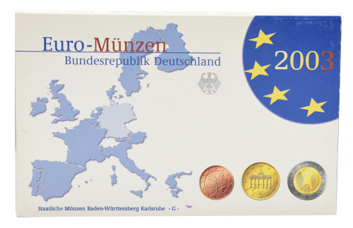 фото Германия набор из 8 монет евро 2003 UNC G 1, 2, 5, 10, 20, 50 евроцентов, 1, 2 евро в сувенирной упаковке