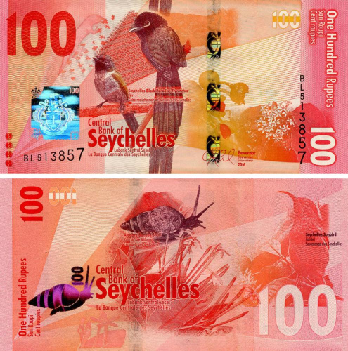фото Сейшельские острова 100 рупий 2016 UNC Улитка Птица - Чёрная райская мухоловка (P50)