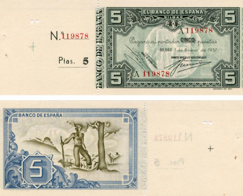 фото Испания 5 песет 1937 UNC