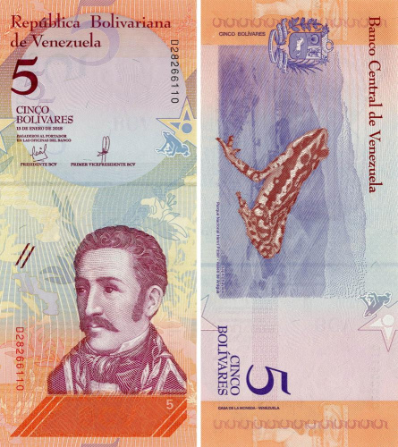 фото Венесуэла 5 боливар 2018 UNC Лягушка (P102)