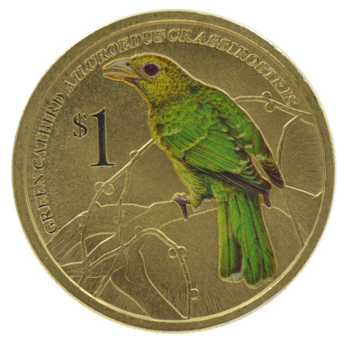фото Тувалу 1 доллар 2013 UNC Птица - Зеленая птица-кошка