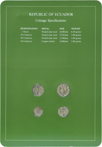 фото Эквадор Набор монет 1946-1985 UNC 10, 20, 50 сентаво, 1 сукре и 1 марка в сувенирной упаковке