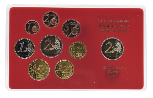 фото Германия набор из 9 монет евро 2008 UNC J 1, 2, 5, 10, 20, 50 евроцентов, 1, 2 евро, памятная 2 евро Блистер