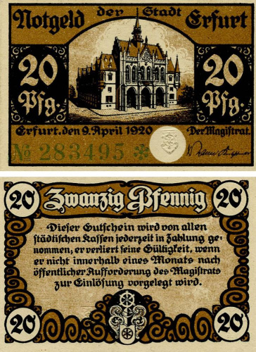 фото Германия Нотгельд  20 пфеннигов 1920  F-VF Эрфурт