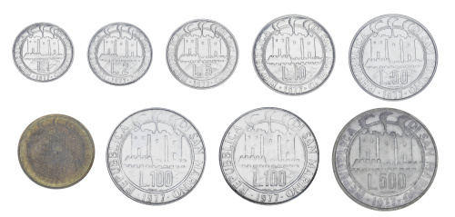фото Сан-Марино набор из 9 монет 1977 UNC 1, 2, 5, 10, 20, 50, 100, 100, 500 лир (серебро)