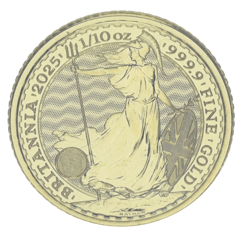 фото Великобритания 10 фунтов 2025 Золото UNC Британия (Au 999,9, 1/10 унции, 3,11 грамма)