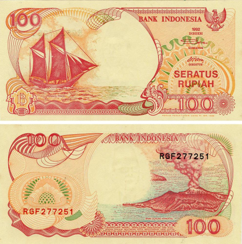 фото Индонезия 100 рупий 1992 (1999) AU-UNC Парусник (P127g)