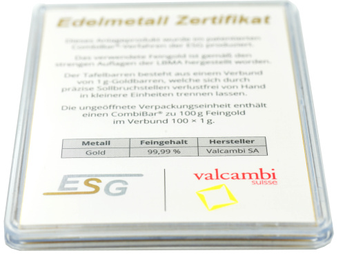 фото Инвестиционный золотой штампованный слиток Золото Au 999,9 1 грамм Valcambi (Швейцария)