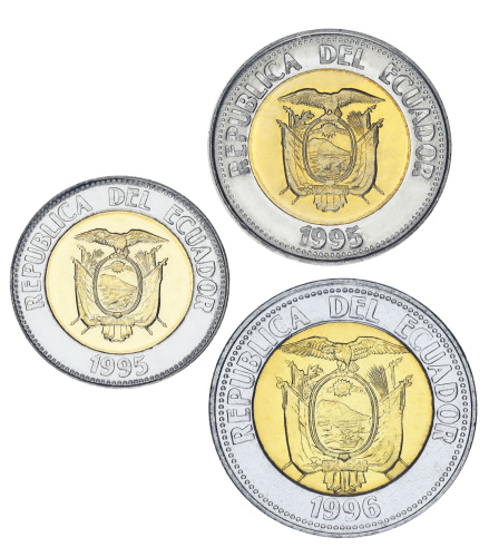 фото Эквадор набор из 3 монет 1995-1996 Биметалл UNC 100, 500, 1000 сукре