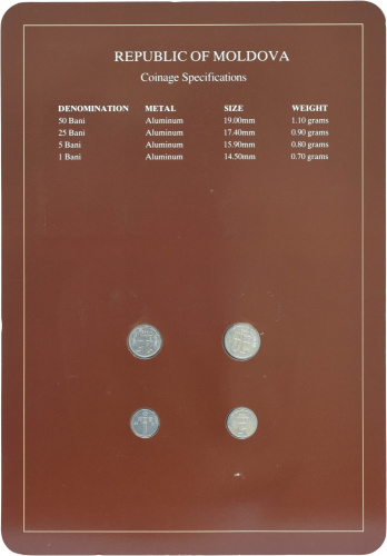 фото Молдавия Набор монет 1993-1995 UNC 1, 5, 25, 50 бани и 1 марка в сувенирной упаковке