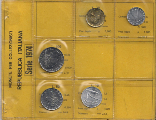 фото Италия набор из 5 монет 1974 UNC