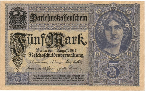 фото Германия 5 марок 1917 UNC (P56)