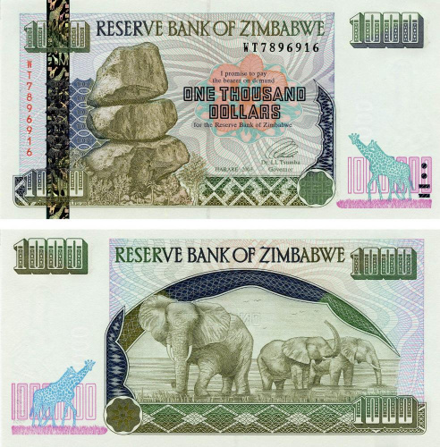 фото Зимбабве 1000 долларов 2003 UNC Слоны (P12)