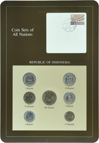 фото Индонезия Набор монет 1970-1979 UNC 1, 2, 5, 10, 25, 50, 100 рупий и 1 марка в сувенирной упаковке