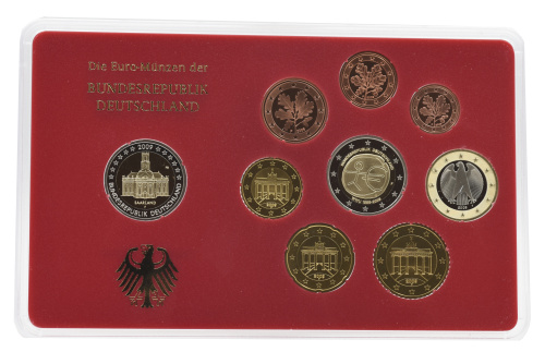 фото Германия набор из 9 монет евро 2009 UNC F 1, 2, 5, 10, 20, 50 евроцентов, 1, 2 евро, памятная 2 евро Блистер