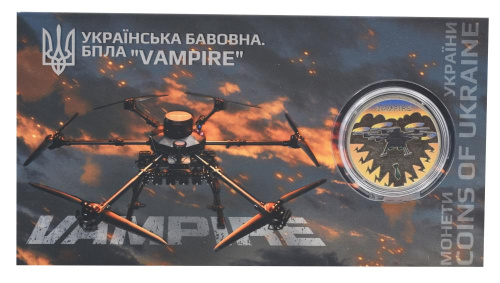 фото Украина 5 гривен 2025 UNC Украинский хлопок (бавовна). БПЛА Vampire в сувенирной упаковке Цветная