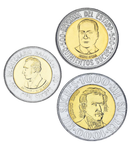 фото Эквадор набор из 3 монет 1995-1996 Биметалл UNC 100, 500, 1000 сукре