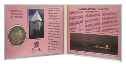 фото Бермуды 1 доллар 1985 UNC Корабль - Круизный туризм в сувенриной упаковке