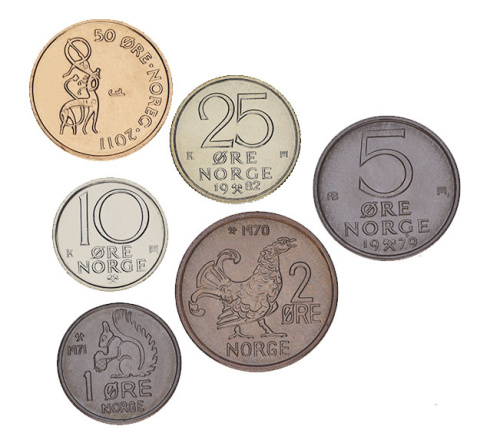 фото Норвегия набор из 6 монет 1970-2011 UNC 1, 2, 5, 10, 25, 50 эре