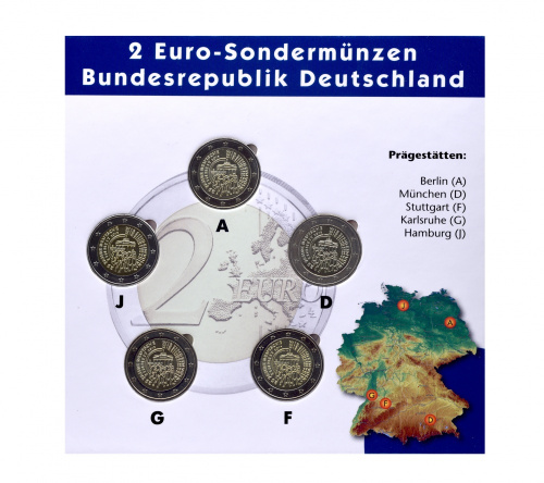 фото Германия набор из 5 монет по 2 евро 2015 A, D, F, G, J «Объединение Германии» UNC в сувенирной упаковке