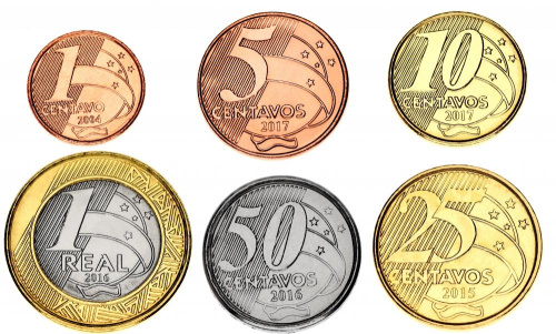 фото Бразилия набор из 6 монет 2004-2017 UNC 1, 5, 10, 25, 50 сентаво, 1 реал