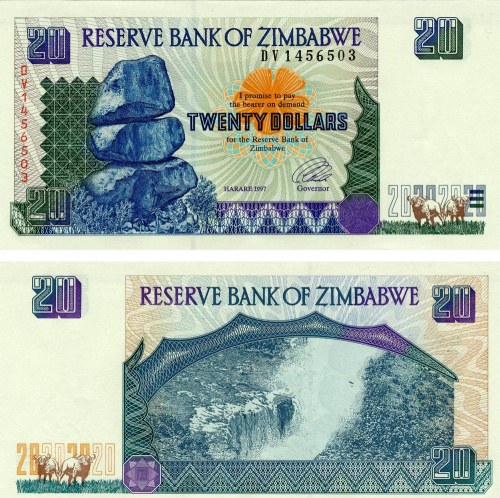 фото Зимбабве 20 долларов 1997 UNC (P7)