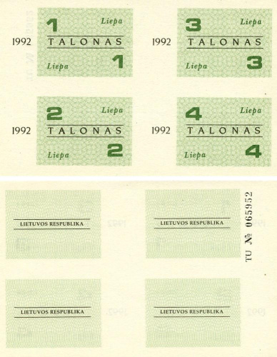 фото Литва набор из 4 банкнот 1992 UNC 1, 2, 3, 4 талонов Food Coupons