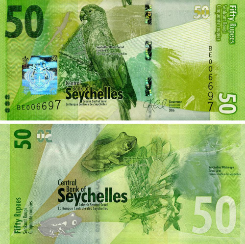 фото Сейшельские острова 50 рупий 2016 UNC Лягушка Птица - Попугай (P49)