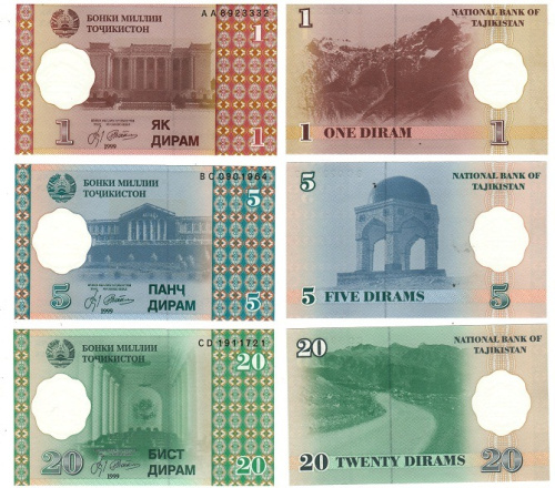 фото Таджикистан набор из 3 банкнот 1999 UNC 1, 5, 20 дирам (P10, P11, P12)