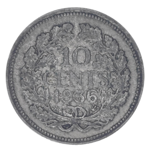 фото Нидерланды 10 центов 1936 Серебро F-VF (Ag 640, 1,4 грамм)