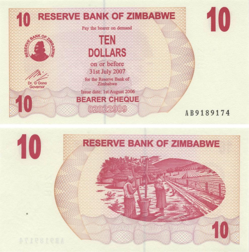 фото Зимбабве 10 долларов 2006 UNC (P39)