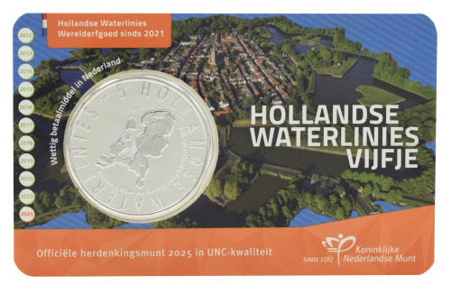 фото Нидерланды 5 евро 2025 UNC Всемирное наследие ЮНЕСКО — Голландские линии водозащиты