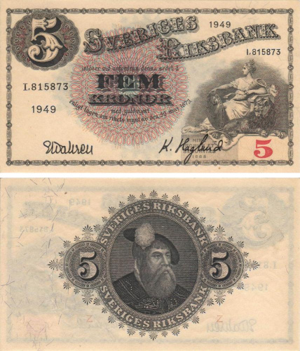 фото Швеция 5 крон 1949 UNC