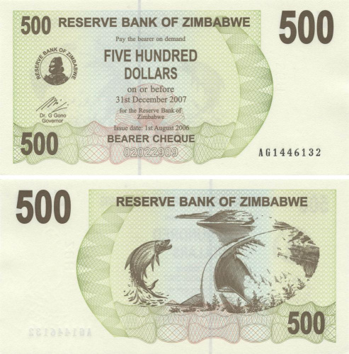 фото Зимбабве 500 долларов 2006 UNC Рыба (P43)