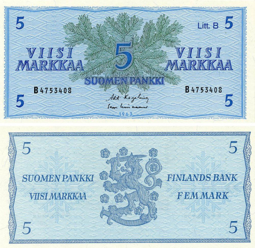 фото Финляндия 5 марок 1963 UNC (P106A)