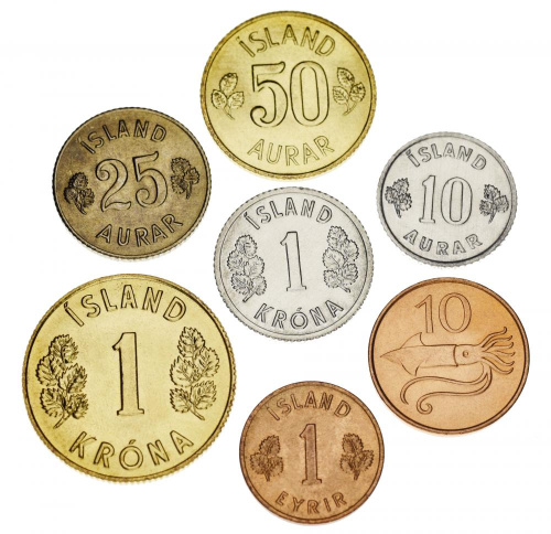 фото Исландия набор из 7 монет 1965-1981 F-VF 1, 10, 10, 25, 50 эйре, 1, 1 крона