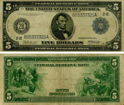 фото США 5 долларов 1914 G-VG А. Линкольн Номер B55337321A (P359)