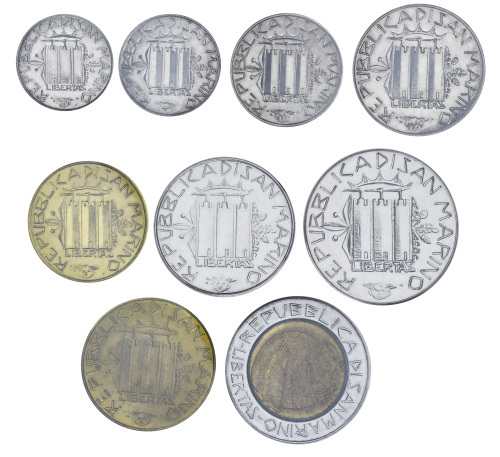фото Сан-Марино набор из 9 монет 1985 UNC 1, 2, 5, 10, 20, 50, 100, 200, 500 лир