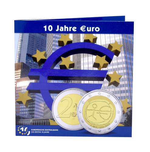 фото Германия набор из 5 монет по 2 евро 2009 A, D, F, G, J 10 лет союзу UNC в сувенирной упаковке